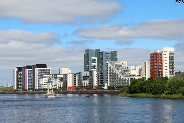 Modern highrises on bank of River Clyde west of Riverside Museum. Glasgow, Scotland.