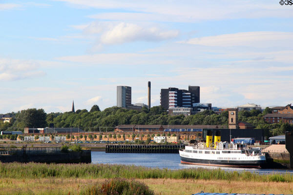 Clyde River with TS Queen Mary historic ship & west end of Glasgow beyond. Glasgow, Scotland.
