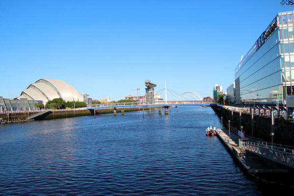 Clyde River view spanning armadillo, Bells Bridge & BBC Scotland. Glasgow, Scotland.