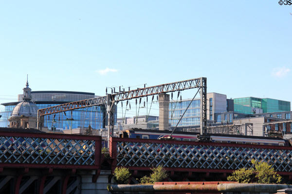 Rail bridge leading to Glasgow Central Station over Clyde River. Glasgow, Scotland.