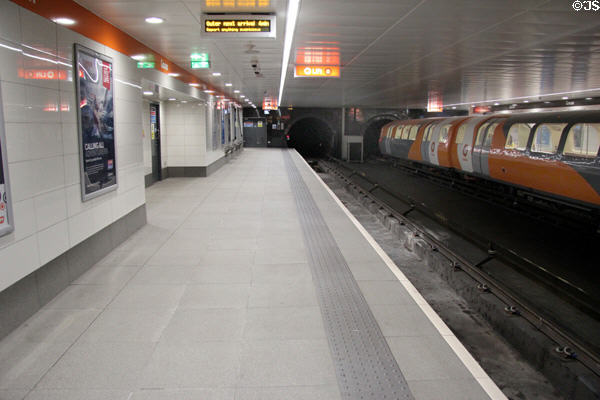 Glasgow Subway platform where circular route describe direction as inner & outer circles according to circumference. Glasgow, Scotland.