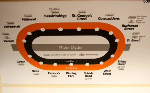 Glasgow Subway route map for 15 underground stations. Glasgow, Scotland.