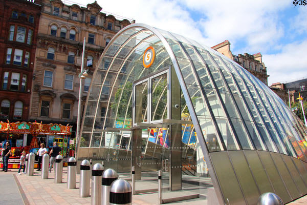 Glass arcade covered Glasgow Subway to St. Enoch station on Buchanan Street Mall. Glasgow, Scotland.
