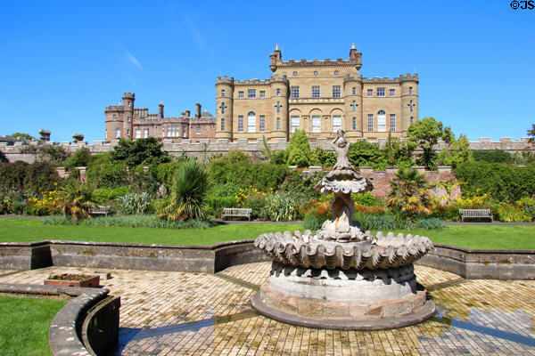 Culzean Castle (1777) over garden fountain run as house museum by National Trust for Scotland. Maybole, Scotland.