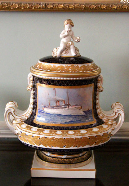 Covered porcelain urn painted with naval ship (c1900) at Culzean Castle. Maybole, Scotland.
