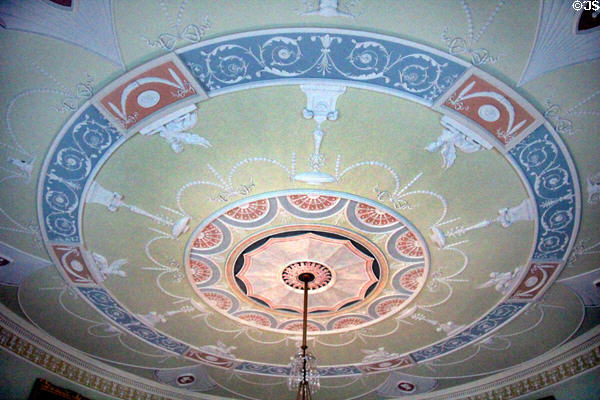Ceiling relief in colors specified by Robert Adam in round drawing room at Culzean Castle. Maybole, Scotland.