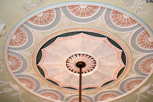 Detail of ceiling relief in colors specified by Robert Adam in round drawing room at Culzean Castle. Maybole, Scotland.
