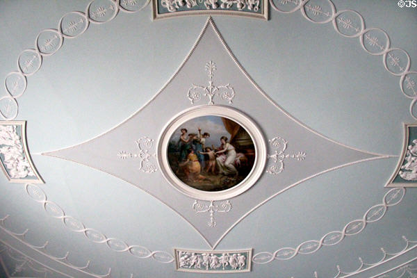 Blue drawing room ceiling by Robert Adam with painted roundel of mythological scene by Antonio Zucchi at Culzean Castle. Maybole, Scotland.