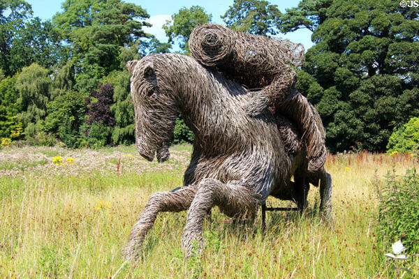Woven branch sculpture of Tam O'Shanter literary character at Robert Burns Cottage. Alloway, Scotland.