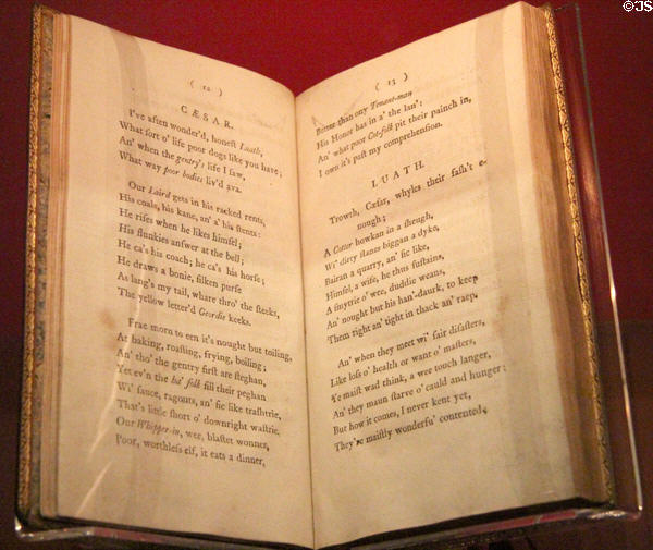 Burn's first book of poems in Scottish dialect (1786) which quickly sold out all 612 copies at Robert Burns Birthplace Museum. Alloway, Scotland.