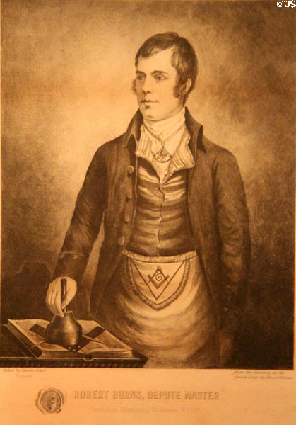 Robert Burns in Masonic apron with maul graphic (early 20thC) at Robert Burns Birthplace Museum. Alloway, Scotland.