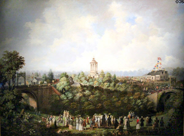 Burns monument with 1844 Festival Procession where 100,000 attended painting (mid 19thC) at Robert Burns Birthplace Museum. Alloway, Scotland.