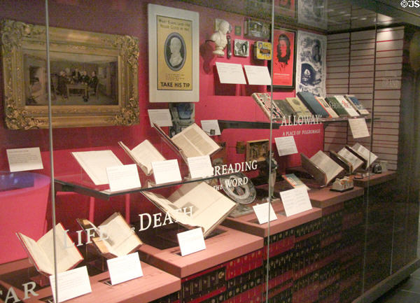 Display of the books written by Burns at Robert Burns Birthplace Museum. Alloway, Scotland.