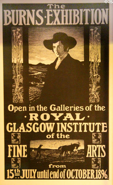 Burns Exhibition poster (1896) by Muirhead Bone at Robert Burns Birthplace Museum. Alloway, Scotland.