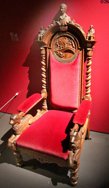 Chair (1858) made from wood of Kilmarnock printing press which had printed the first editions of Burn's poems at Robert Burns Birthplace Museum. Alloway, Scotland.