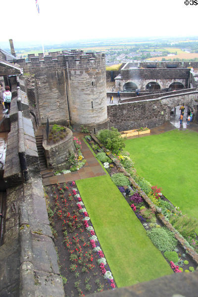 Queen Anne Garden with round entrance towers at Stirling Castle. Stirling, Scotland.