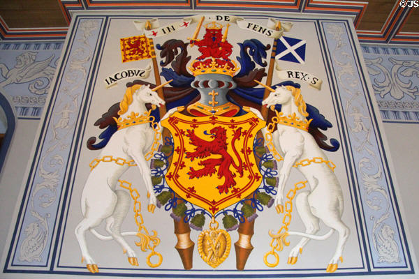 Royal crest over fireplace in King's Outer Hall recreated in Palace of Stirling Castle. Stirling, Scotland.