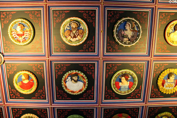 Great Hall carved & painted ceiling panels recreated in Palace of Stirling Castle. Stirling, Scotland.