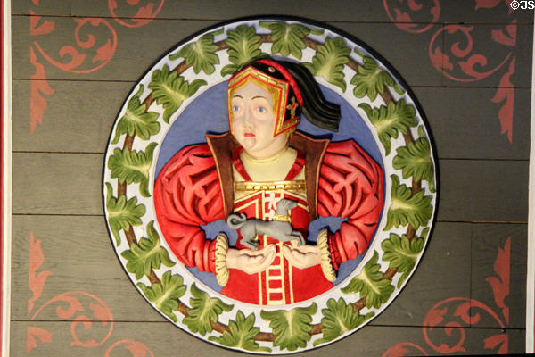 Margaret Tudor replica painted ceiling carving in Stirling Castle Great Hall. Stirling, Scotland.
