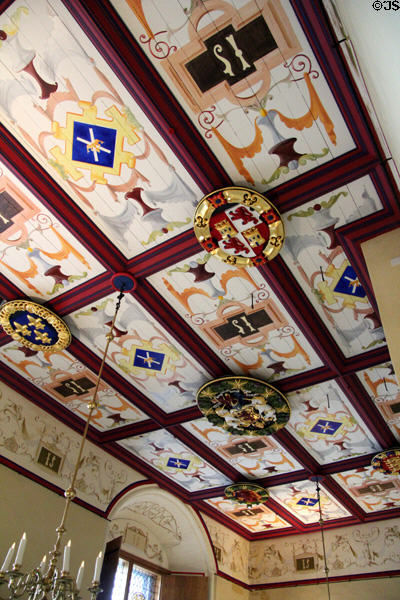 Painted ceiling in King's Bedchamber recreated in Palace of Stirling Castle. Stirling, Scotland.
