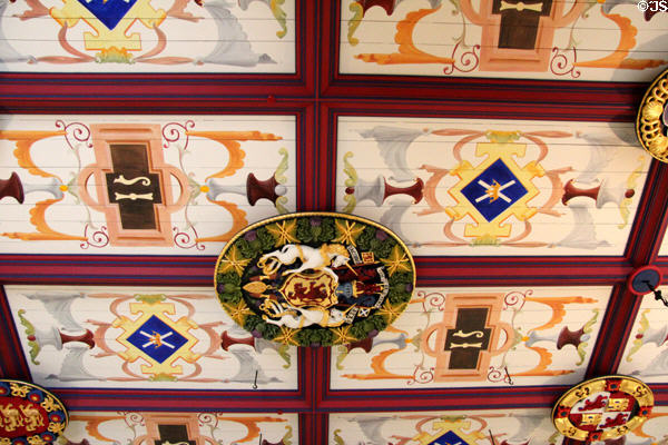 Painted ceiling in King's Bedchamber recreated in Palace of Stirling Castle. Stirling, Scotland.