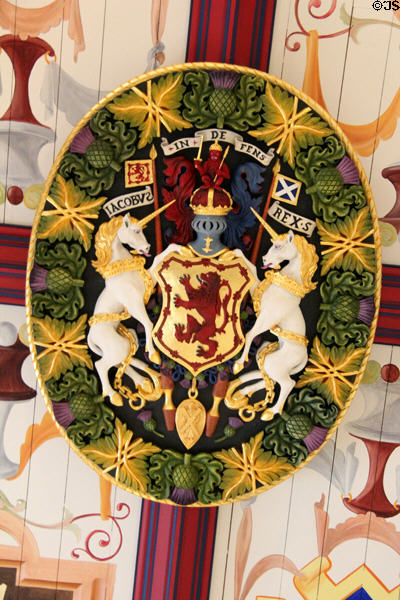 Painted ceiling crest in King's Bedchamber recreated in Palace of Stirling Castle. Stirling, Scotland.