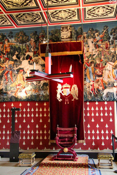 Throne & unicorn tapestries in Queen's Inner Hall recreated in Palace of Stirling Castle. Stirling, Scotland.