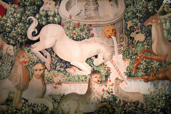 Detail of Unicorn tapestry in Queen's Inner Hall recreated in Palace of Stirling Castle. Stirling, Scotland.