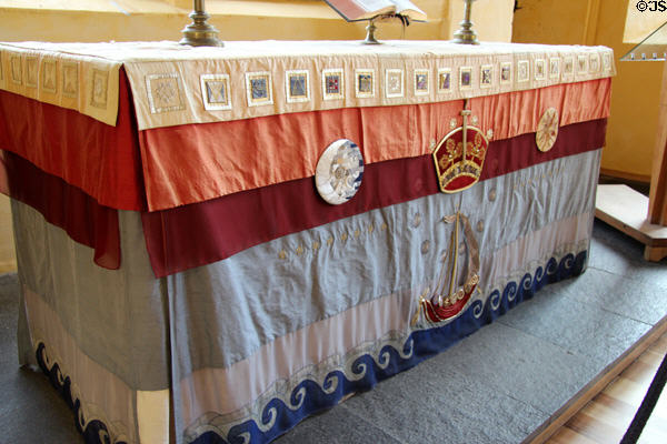 Altar cloth (1996) designed by Malcolm Lochhead in Chapel Royal at Stirling Castle. Stirling, Scotland.