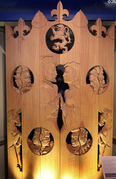 Modern carved wood sculpture by John Donaldson who recreated Stirling Heads shows relationship between James V & Mary of Guise in Stirling Castle Palace gallery. Stirling, Scotland.