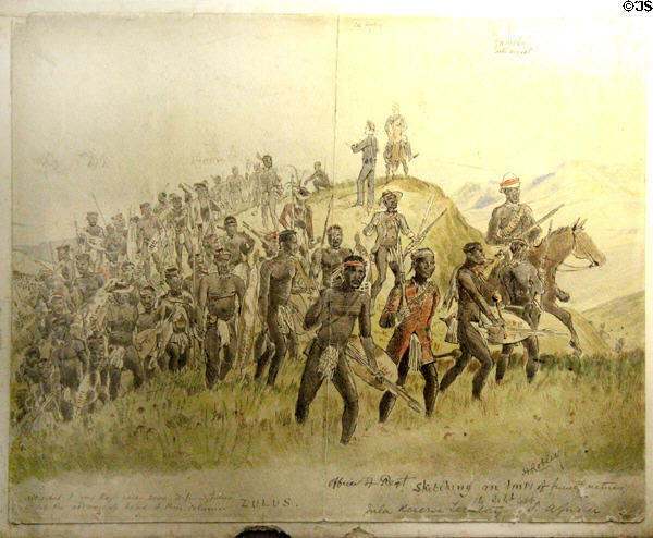 Impi (allied Zulu warriors) during Anglo-Zulu war painting (1884) by G. Robley (officer in 91st Regiment) at Stirling Castle Regimental Museum. Stirling, Scotland.