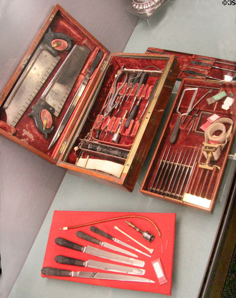 Surgical instruments & case used by regimental surgeon Willam Munro at Stirling Castle Regimental Museum. Stirling, Scotland.