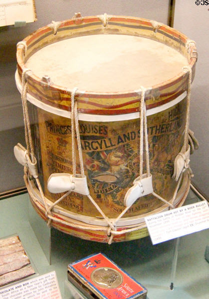 Argyll & Sutherland drum (1899) damaged in Boer War at Stirling Castle Regimental Museum. Stirling, Scotland.