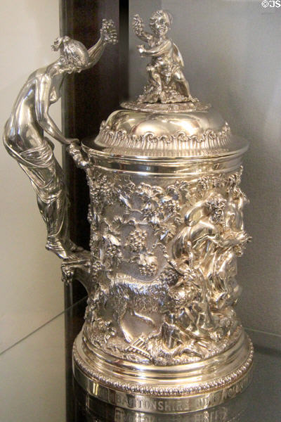 Silver wine cooler (1877) presented to Dumbartonshire Rifle Volunteers at Stirling Castle Regimental Museum. Stirling, Scotland.