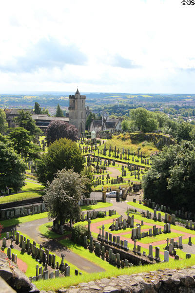 Church of Holy Rood (c1456-70) (St John St.) over churchyard seen from Stirling Castle. Stirling, Scotland.