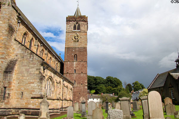 Romanesque & Gothic tower beside churchyard of Dunblane Cathedral (restored from ruins 19thC). Dunblane, Scotland.