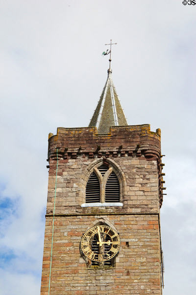 Octagonal spire & retrofitted clock (late 19thC) atop Dunblane Cathedral tower (late 12thC). Dunblane, Scotland.