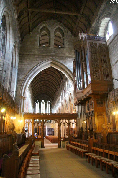Choir section of Dunblane Cathedral looking back through rood screen. Dunblane, Scotland.