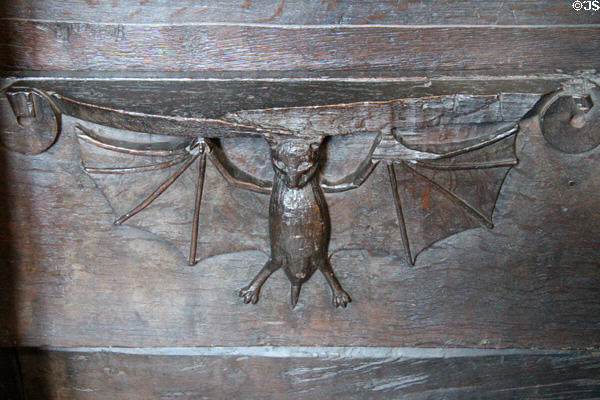Carved bat on Medieval choir stall (1500s) at Dunblane Cathedral. Dunblane, Scotland.