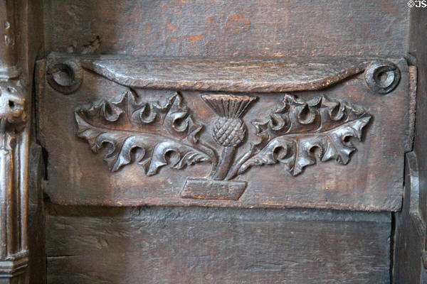 Carved thistle on Medieval choir stall (1500s) at Dunblane Cathedral. Dunblane, Scotland.