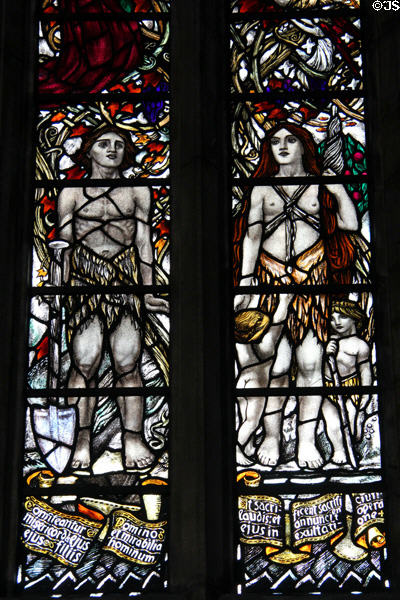 Adam & Eve stained glass window (1915) by Louis Davis at Dunblane Cathedral. Dunblane, Scotland.