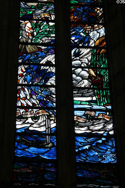 Water with birds stained glass window (1915) by Louis Davis at Dunblane Cathedral. Dunblane, Scotland.