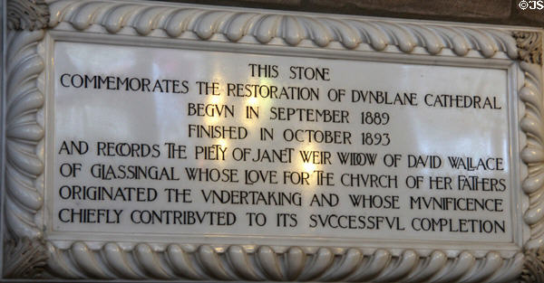 Stone commemorating restoration of Dunblane Cathedral (1889-93). Dunblane, Scotland.