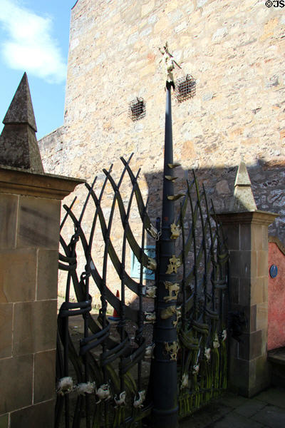 Sculpted metal gate beside Abbot House. Dunfermline, Scotland.
