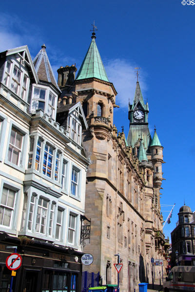 Kirkgate building & City Chambers (1876-9) with towers. Dunfermline, Scotland.