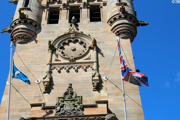 Carvings on facade of Dunfermline City Chambers clock tower (1876-9). Dunfermline, Scotland.