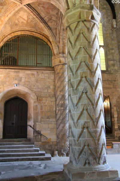 Nave column with carved arrowheads in Dunfermline Abbey. Dunfermline, Scotland.