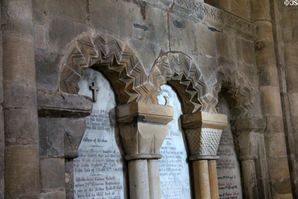 Tombs in carved arches of nave of Dunfermline Abbey. Dunfermline, Scotland.