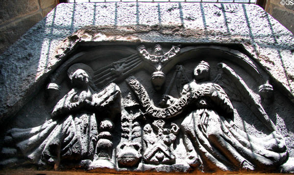 Carved stone (c1530) shows Archangel Gabriel announcing that Virgin Mary would become mother of Jesus in nave of Dunfermline Abbey. Dunfermline, Scotland.