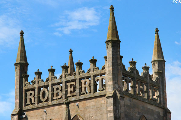 Central tower (1821) with words "King Robert the Bruce" installed after his tomb discovered during construction of Dunfermline New Abbey Church. Dunfermline, Scotland.